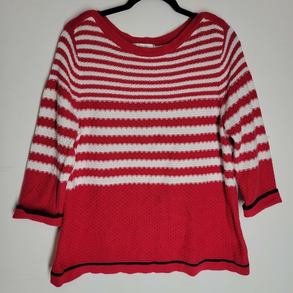 CJ Banks Women's Sweater Red White Striped Cotton Knit 3/4 Sleeve Plus Size 1X - Picture 1 of 6